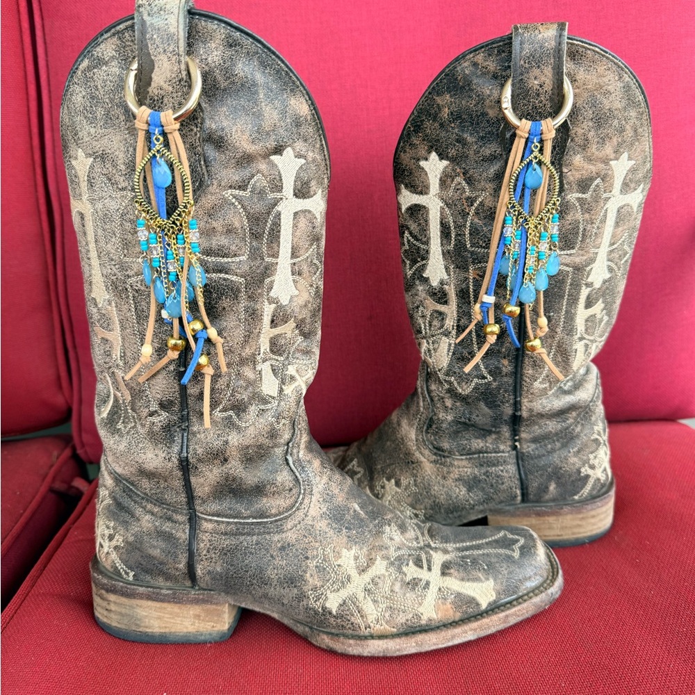 Western Boho Leather Turquoise Beaded Fringe Boot Bling Jewelry Toppers Charms